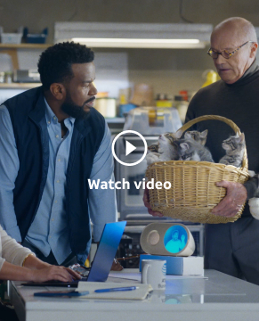 In the Wake Up with Craig office, Angela sits at a desk working on a laptop and Craig stands next to her. Creed approaches with a basket full of kittens.